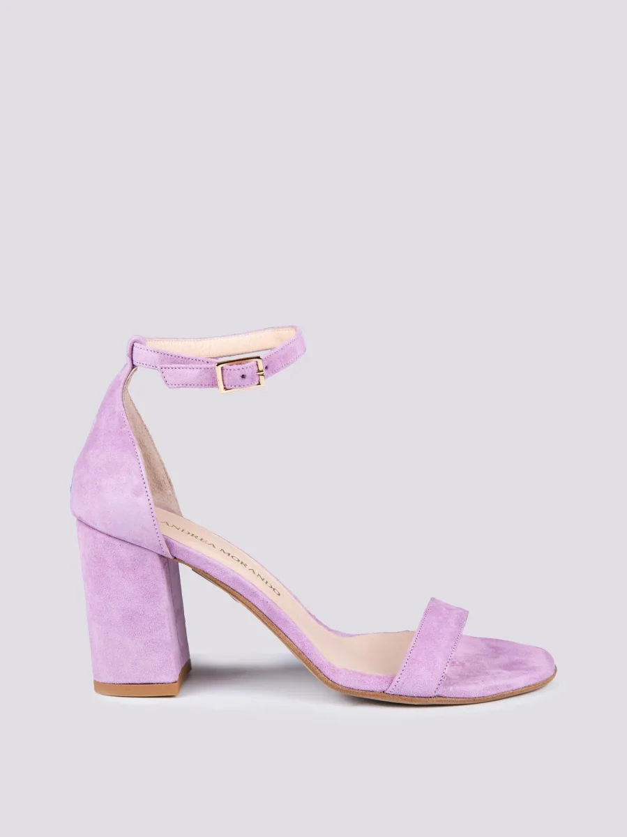 Sandalo con tacco spesso in camoscio lilla