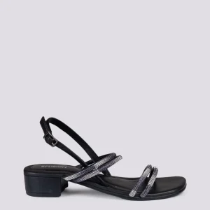 Sandalo gioiello in pelle nera con listini e strass