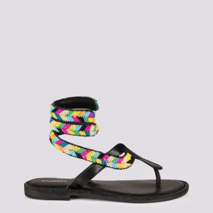 Sandalo serpente wrap up in pelle NERA con perline multicolor