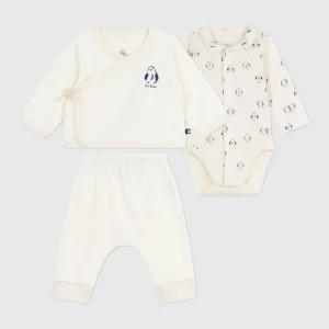 Set 3 pezzi neonato con coprispalle e body con pinguini stampati