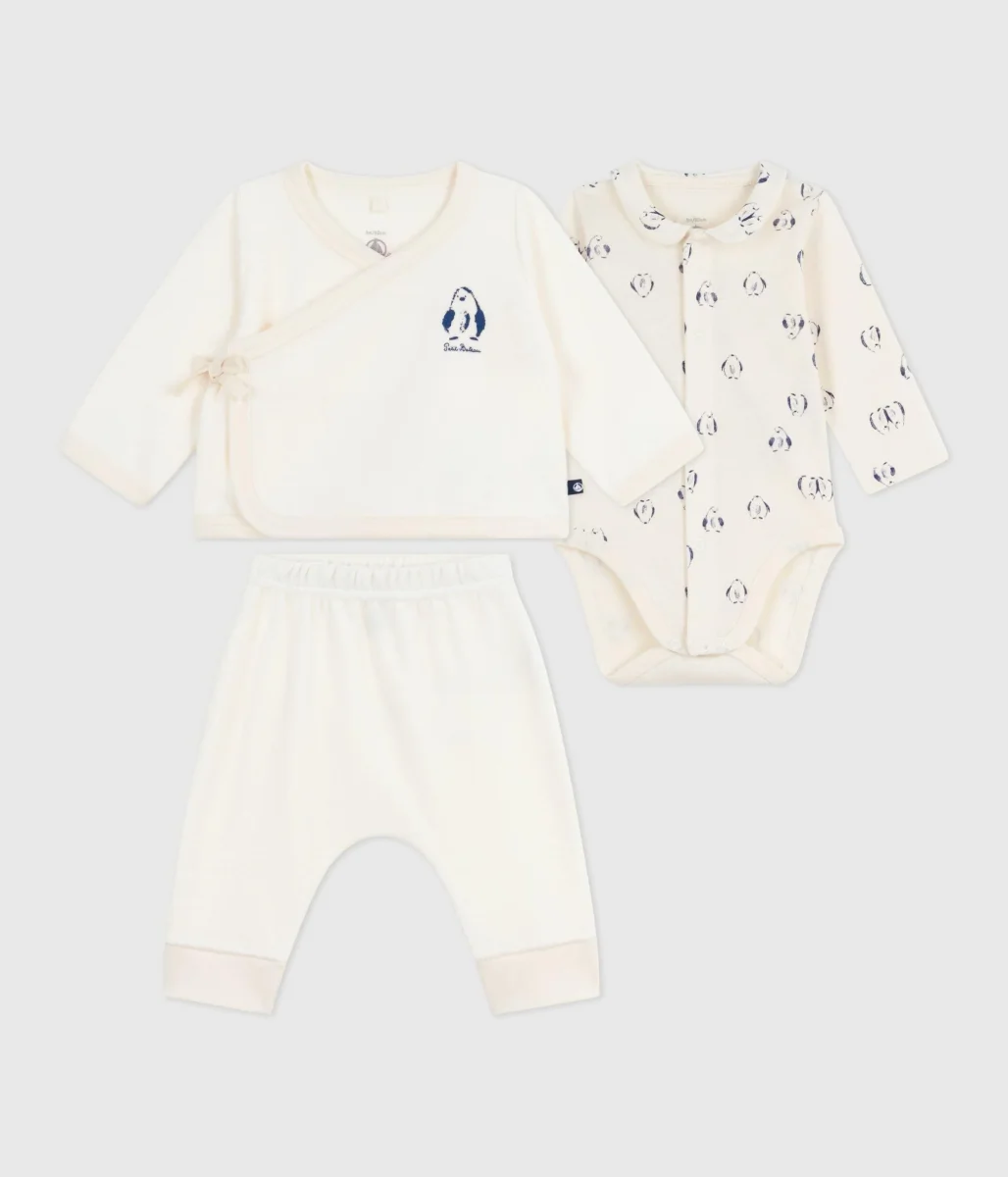 Set 3 pezzi neonato con coprispalle e body con pinguini stampati