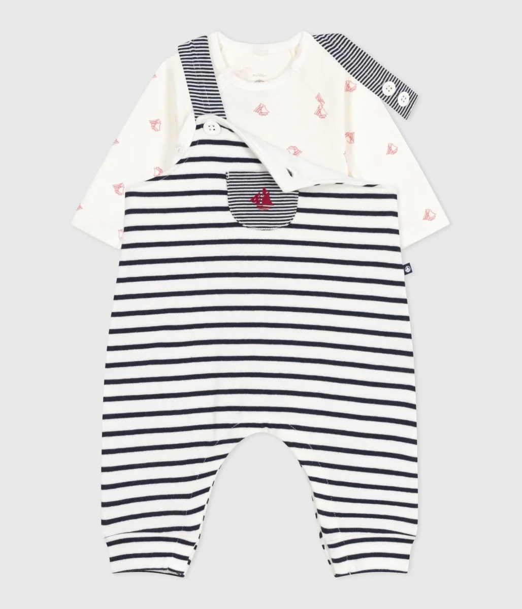 Set composto da salopette a righe marinière e body con stampa neonato - immagine 3