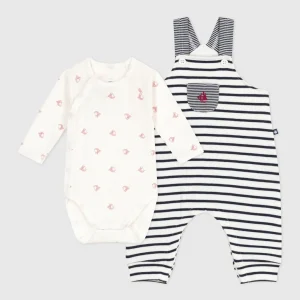 Set composto da salopette a righe marinière e body con stampa neonato