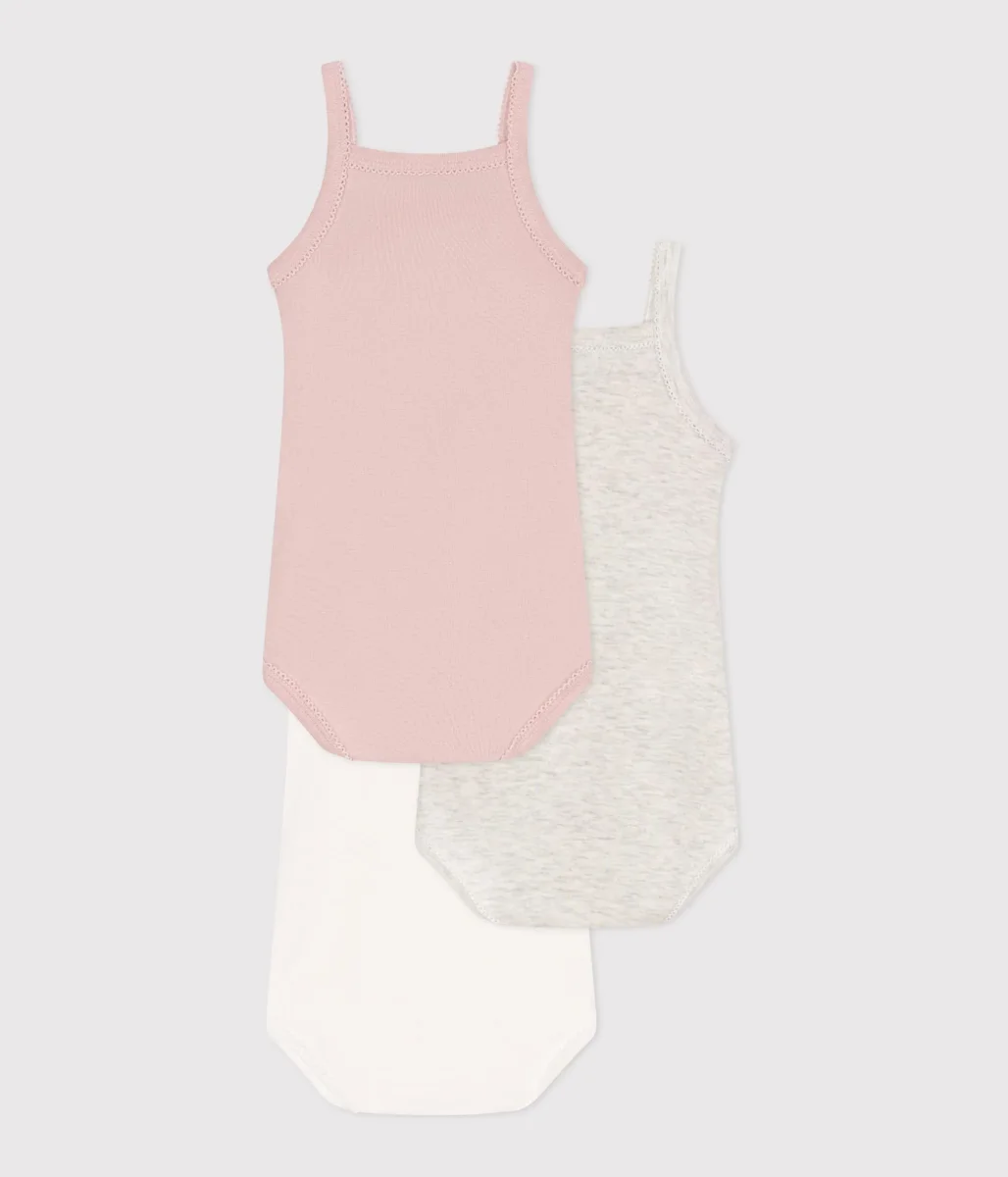 Set da 3 body con spalline in cotone tinta unita bebè - immagine 3
