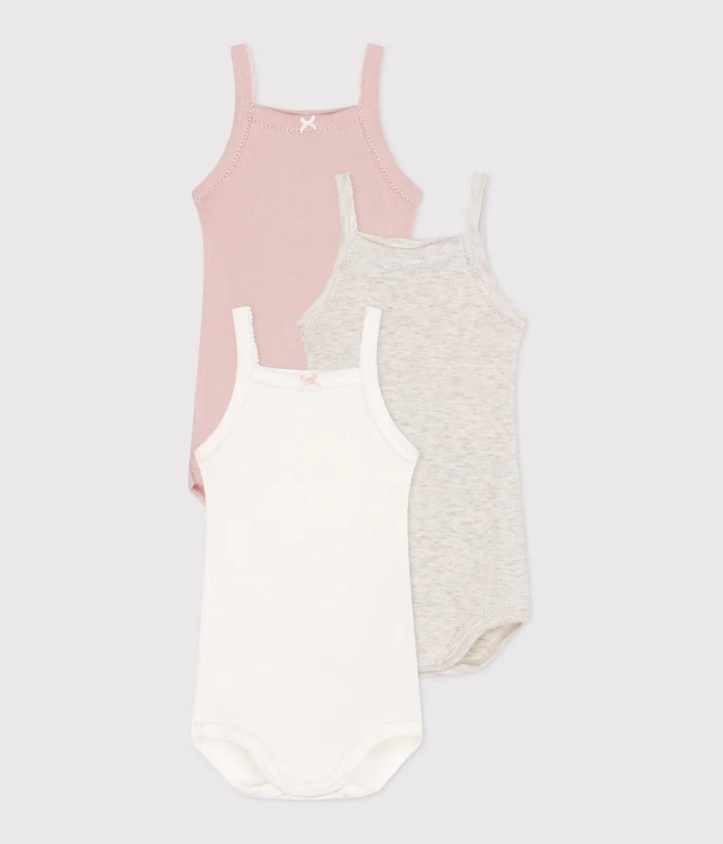 Set da 3 body con spalline in cotone tinta unita bebè