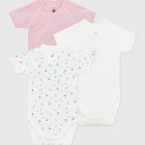 Set da 3 body incrociati a maniche corte motivo fiorellini e righe