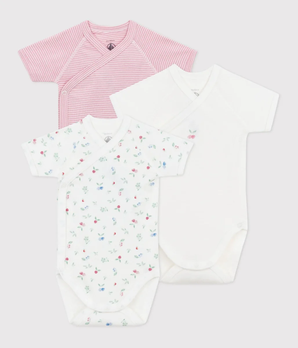 Set da 3 body incrociati a maniche corte motivo fiorellini e righe