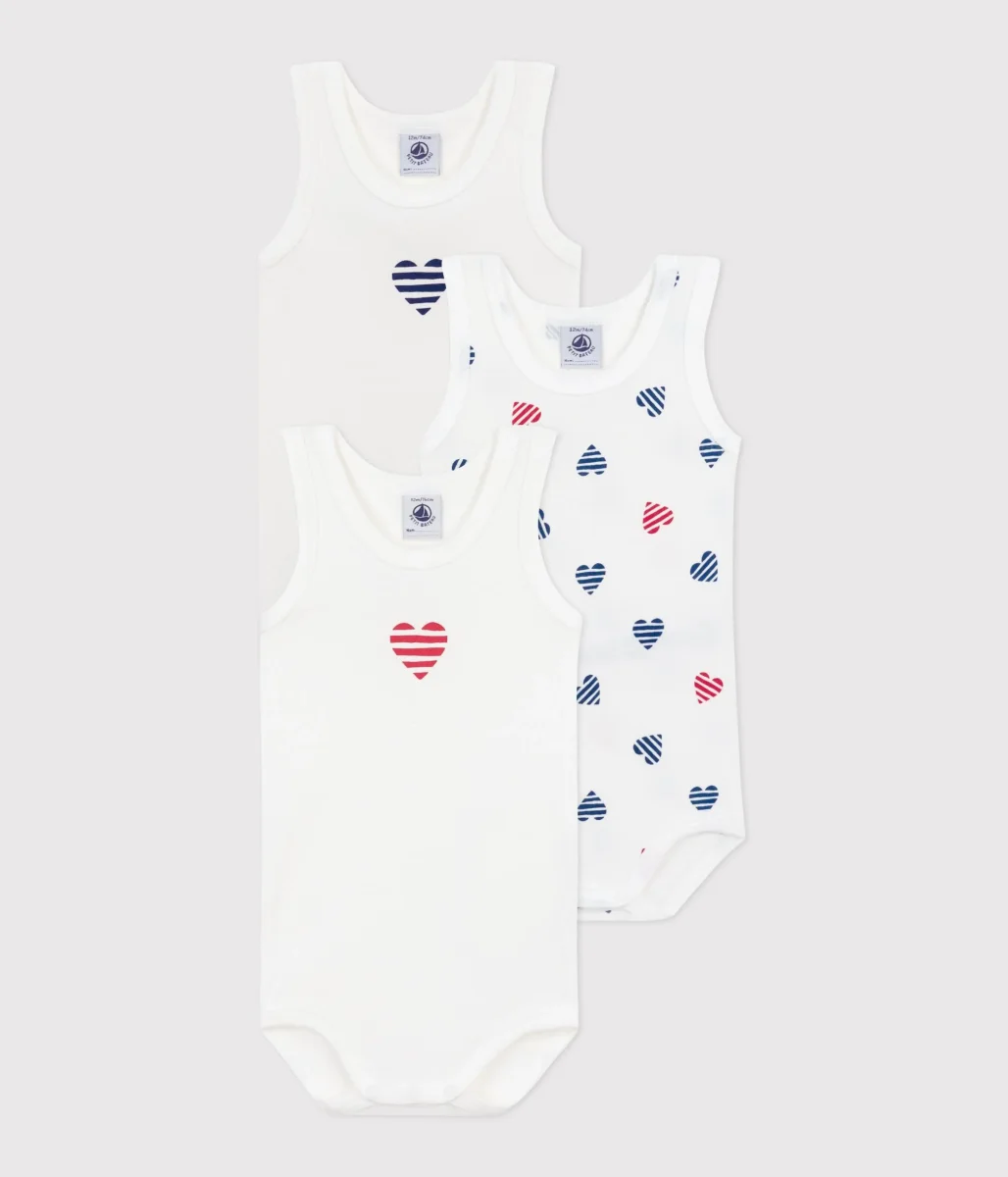 Set da 3 body senza maniche in cotone con cuori a righe bebè