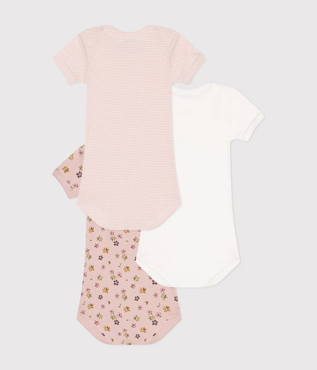 Set di 3 body a maniche corte in cotone a fiori bambina - immagine 3