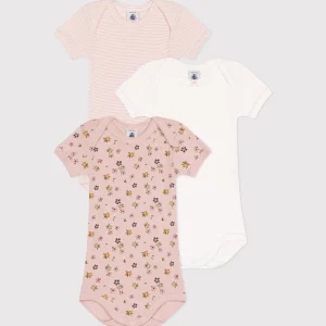 Set di 3 body a maniche corte in cotone a fiori bambina