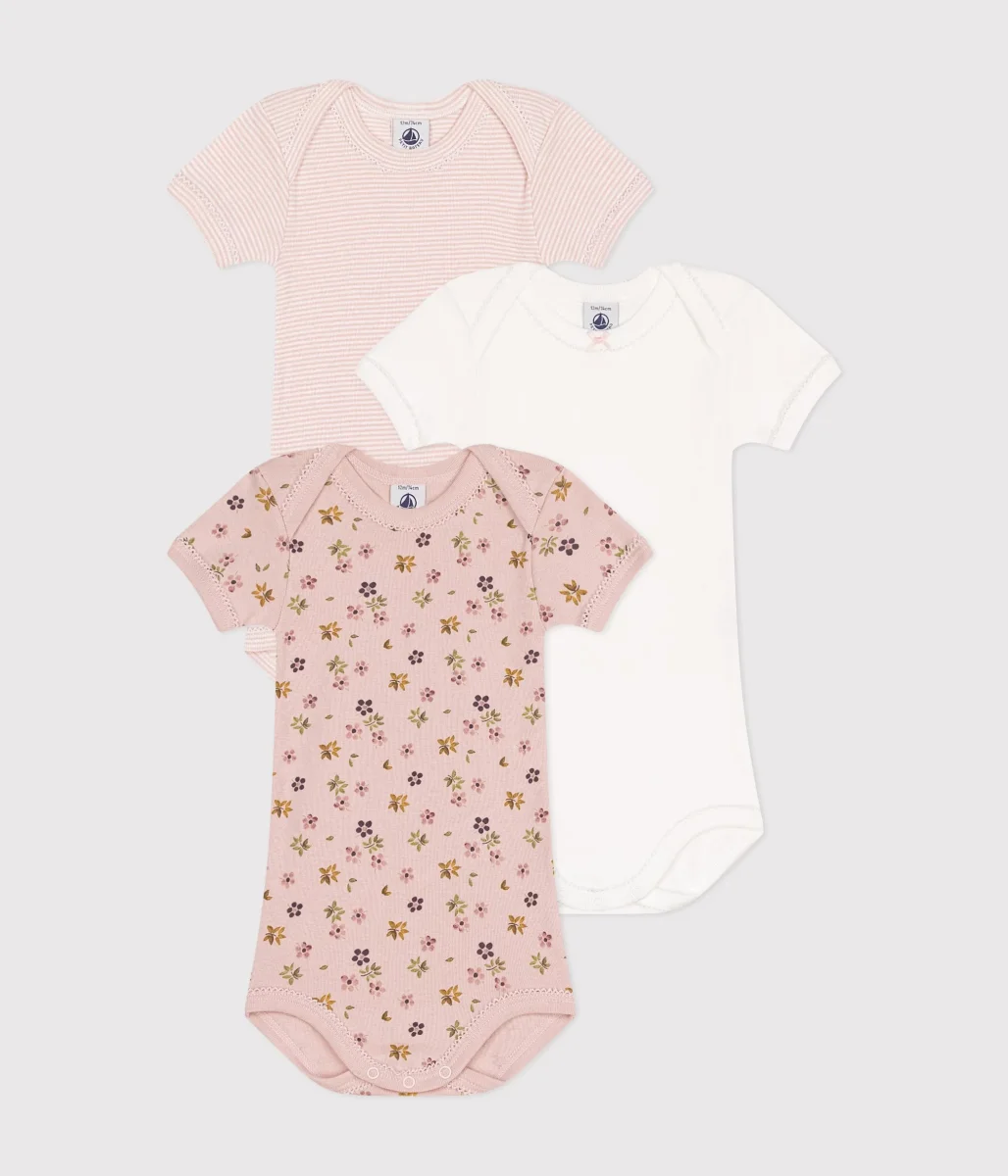 Set di 3 body a maniche corte in cotone a fiori bambina
