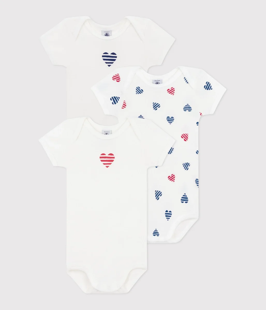 Set di 3 body a maniche corte in cotone con cuori a righe bebè