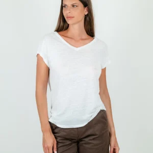 T-SHIRT CON SCOLLO A V IN LINO BIANCA