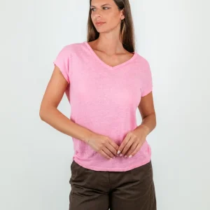 T-SHIRT CON SCOLLO A V IN LINO ROSA