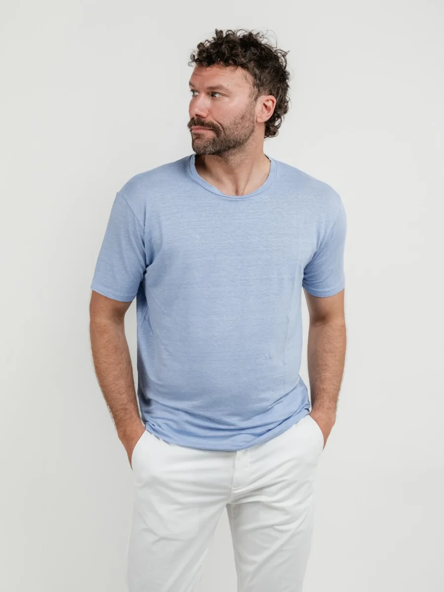 T-SHIRT IN LINO A GIROCOLLO AZZURRA