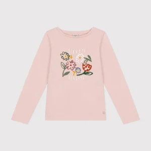 T-shirt rosa con stampa a maniche lunghe a costine