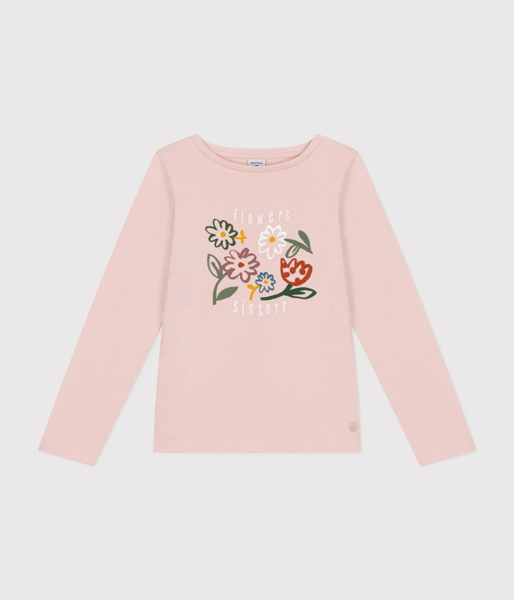T-shirt rosa con stampa a maniche lunghe a costine