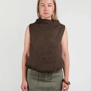 TOP SMANICATO IN LINO MARRONE