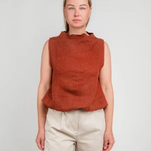 TOP SMANICATO IN LINO RUGGINE