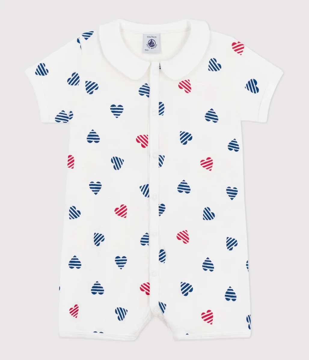 Tutina corta in cotone con colletto a cuori a righe bebè