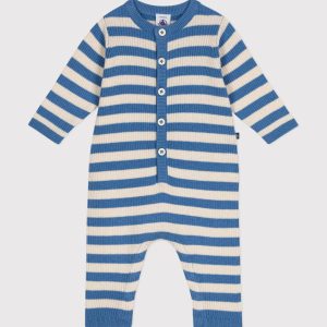 Tutina in maglia di lana e cotone a righe bluette
