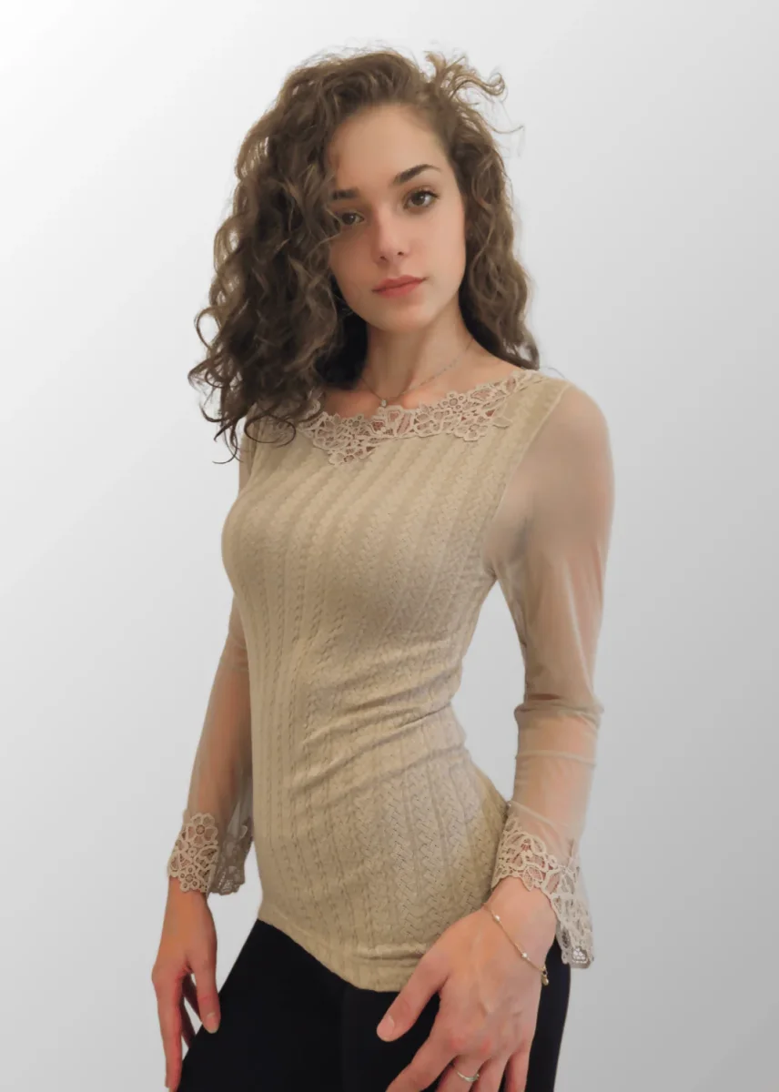 Maglia jacquard con tulle e macramé Roberta in Lana Seta