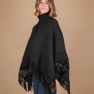 SCIALLE IN LANA CON PROFILI E FRANGE IN CAMOSCIO NERO