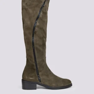 STIVALE ALTO CON ZIP ASIMMETRICHE IN CAMOSCIO VERDE