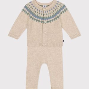 Set 2 pezzi in maglia beige motivo azzurro