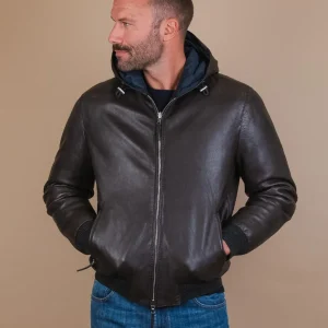 GIUBBOTTO REVERSIBILE IMBOTTITO CON CAPPUCCIO IN PELLE MARRONE  "JONAH"