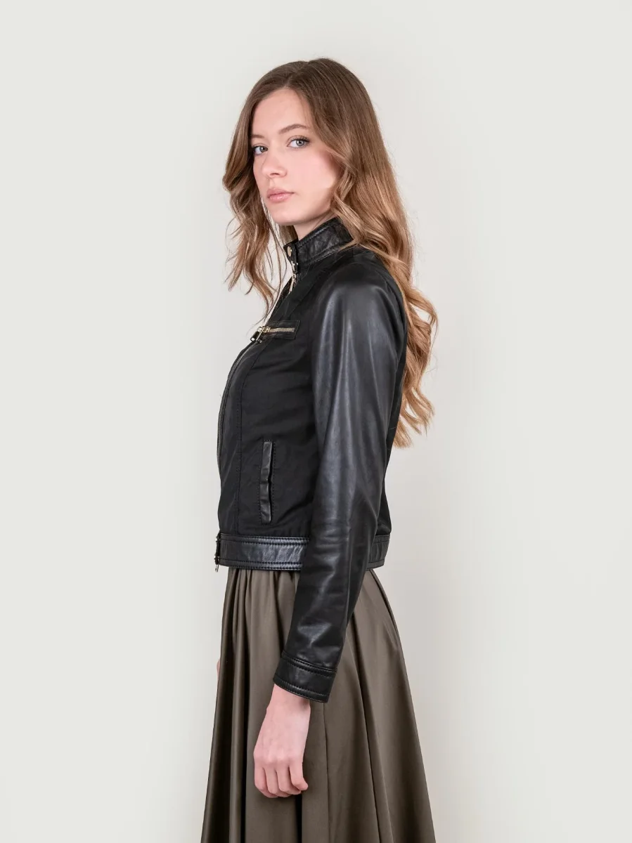 GIUBBOTTO MODELLO BIKER IN PELLE E NYLON NERO - immagine 3