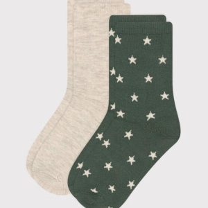 2 paia di calzini bianco e verde a stelle in cotone
