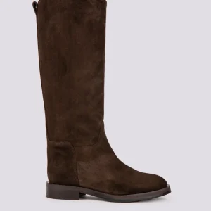 STIVALE ALTO CON GAMBALE ASIMMETRICO IN CAMOSCIO MARRONE