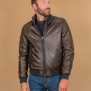 GIUBBOTTO REVERSIBILE IN PELLE MARRONE CON INSERTI IN MAGLIA "DANR"