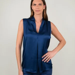 BLUSA SMANICATA IN RASO BLU
