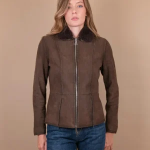 GIUBBOTTO "JUNGLE" IN CAMOSCIO CON ZIP E COLLO IN MONTONE NOCE