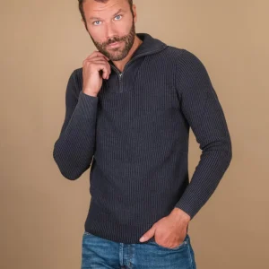 Maglia in cotone blu a costine con chiusura zip