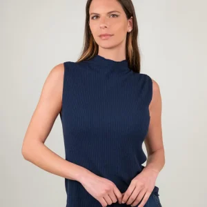 TOP SMANICATO CON COLLO LUPETTO BLU
