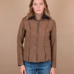 GIUBBOTTO IN CAMOSCIO CON ZIP E COLLO IN MONTONE TABACCO