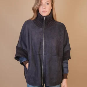 MANTELLA "ADELE" IN CAMOSCIO CON INSERTI IN MAGLIA E PIUMINO  BLU