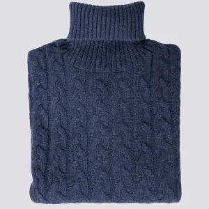 Maglione a collo alto con intreccio in lana blu
