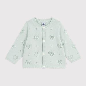 Cardigan in maglia traforata a cuori verde acqua