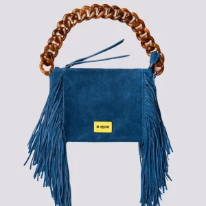 BORSA A TRACOLLA IN CAMOSCIO blu jeans CON FRANGE "FLAPPY"