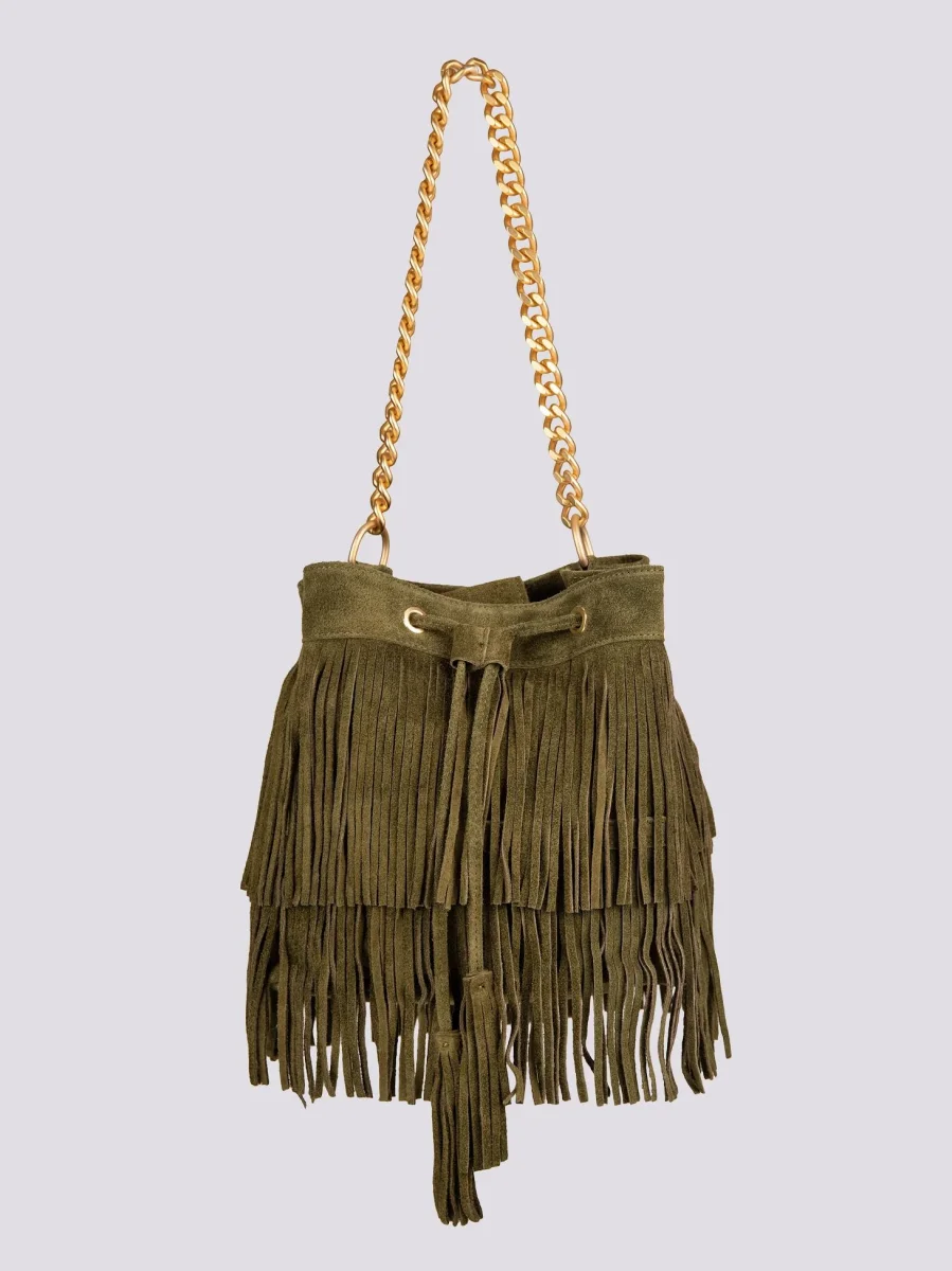 BORSA A SECCHIELLO CON FRANGE IN CAMOSCIO VERDE MILITARE "WILD" - immagine 3