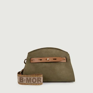 BORSA A TRACOLLA IN CAMOSCIO VERDE CON INSERTI IN PELLE CUOIO "SOPH"