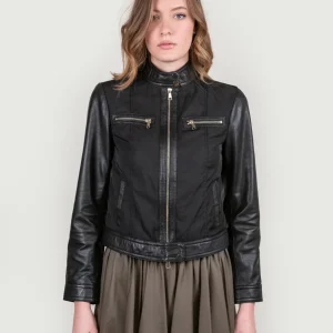 GIUBBOTTO MODELLO BIKER IN PELLE E NYLON NERO