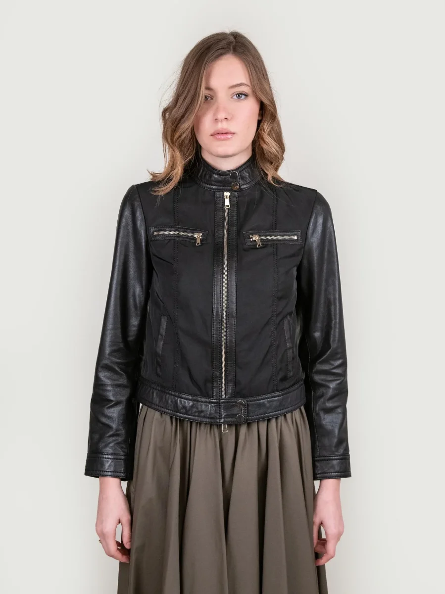 GIUBBOTTO MODELLO BIKER IN PELLE E NYLON NERO