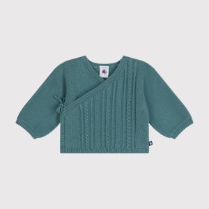 Cardigan con trecce in lana e cotone verde