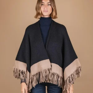 SCIALLE IN LANA BLU CON PROFILI E FRANGE IN CAMOSCIO BEIGE