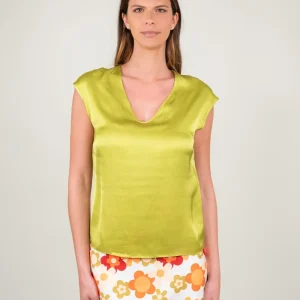 BLUSA CON SCOLLO A V E MANICA CORTA IN RASO VERDE LIME